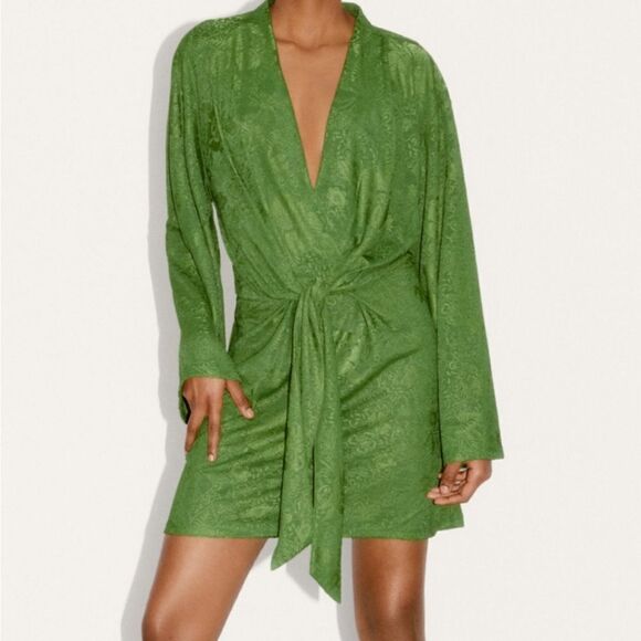 ZARA jacquard dress green ties wrap blogger favorite large L - Picture 6 of 13